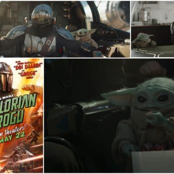 A promotional poster for 'The Mandalorian and Grogu' features the armored figure of the Mandalorian alongside Grogu, the small, green character with large eyes. Action scenes from the series are depicted in the background, emphasizing the adventure and excitement of the story.