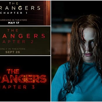 A promotional illustration for 'The Strangers – Chapter 3', featuring the title in glowing red letters. The background shows a woman with long, wet hair and a distressed expression, hinting at a horror theme.