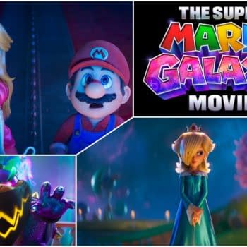 A vibrant illustration from 'The Super Mario Galaxy Movie,' featuring Mario and Princess Peach looking surprised, with a logo of the movie prominently displayed. In the corners, characters including Bowser in a dramatic pose and Rosalina in a blue dress are depicted, highlighting a fantastical theme.