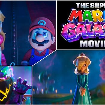 A vibrant illustration from 'The Super Mario Galaxy Movie,' featuring Mario and Princess Peach looking surprised, with a logo of the movie prominently displayed. In the corners, characters including Bowser in a dramatic pose and Rosalina in a blue dress are depicted, highlighting a fantastical theme.