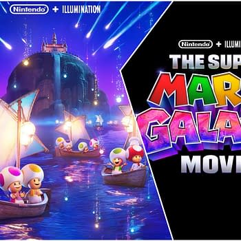 An illustration for 'The Super Mario Galaxy Movie,' featuring colorful Toad characters on boats in a vibrant, starry sea with a fantastical castle in the background. The title is prominently displayed, highlighting the movie's brand.