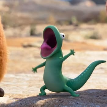 Tom the Lizard is excitedly dancing alongside furry friends in a scene from the upcoming Pixar film 'Hoppers'.