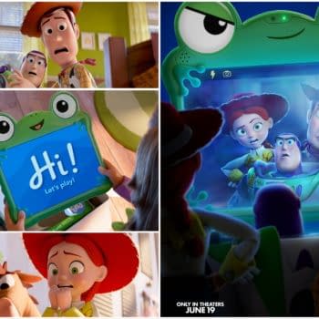A vibrant cartoon collage from 'Toy Story 5' featuring characters Woody, Buzz Lightyear, and Jessie reacting to a playful tablet displaying a message and their own surprised faces, with colorful backgrounds highlighting the imaginative theme of the movie.