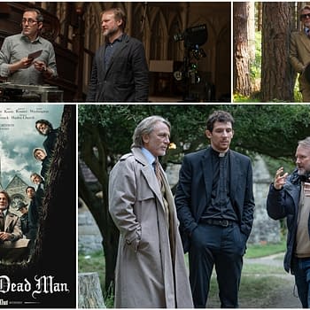 A collage featuring scenes from the film "Wake Up Dead Man," showcasing a director and actors in various settings, including an outdoor scene with gravestones, alongside a movie poster. The poster highlights the tagline of the mystery film, emphasizing its connection to the "Knives Out" series.