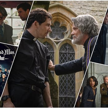 A collage featuring scenes from 'Wake Up Dead Man: A Knives Out Mystery,' showcasing various characters including a priest and a dramatic encounter outside an old building. The image combines elements of suspense and mystery.