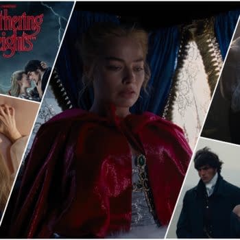 A collage representing "Wuthering Heights," featuring dramatic scenes and characters: a woman in a red cloak, a close-up of hands against a wall, a couple in a passionate embrace, and characters in period clothing against moody, atmospheric backdrops.