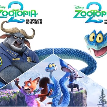 A promotional cartoon image for 'Zootopia 2' featuring the character Chief Bogo, a buffalo in police uniform, on the left, and a blue snake character on the right. The background includes scenes of the main animal characters, including a fox, a rabbit, and a stylized landscape.