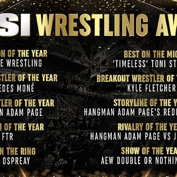 A list of the 2025 Sports Illustrated Wrestling Awards winners, featuring categories like Promotion of the Year, Female Wrestler of the Year, and Show of the Year. The design includes a dark background with golden text highlighting each award and recipient.