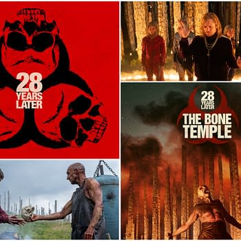 A collage featuring visuals related to the film '28 Years Later', including a striking logo with a skull design, scenes of characters in a haunting environment, and promotional graphics for 'The Bone Temple'. The dominant colors are red and dark tones, emphasizing a horror theme.