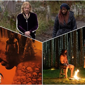 A collage featuring scenes from '28 Years Later: The Bone Temple', including a character with long hair dressed in regal attire, a woman walking in a wooded area, and two men interacting near a fire amidst eerie trees. The prominent background displays stylized graphics with skulls and a face silhouette, highlighting the film's darker themes.