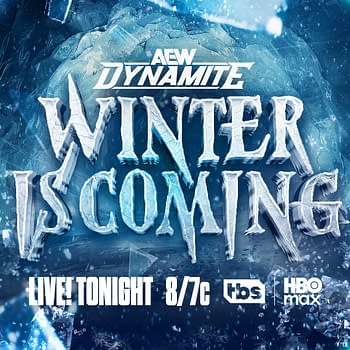 A promotional graphic for a wrestling event featuring bold text that reads 'AEW Dynamite Winter is Coming'. The design includes icy textures and blue lighting effects, indicating a winter theme.