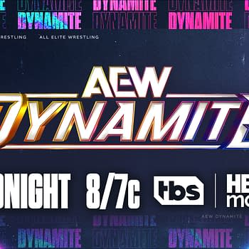 A colorful promotional graphic for AEW Dynamite featuring the show's logo prominently in the center. The design includes vibrant stripes and details about airtime on TBS and HBO Max.