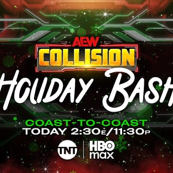 A colorful promotional graphic for the AEW Collision Holiday Bash event, featuring festive designs with the text 'AEW COLLISION' prominently displayed. Additional text announces the event's date and broadcast channels.