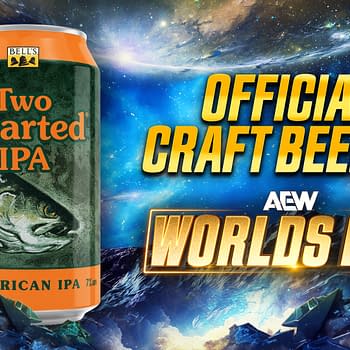 A vibrant illustration featuring a can of Bell's Two Hearted IPA against a cosmic background. The text proclaims it as the official craft beer of AEW's World's End event.