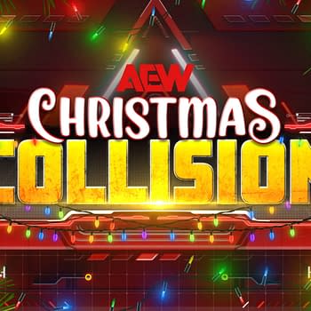 A vibrant and festive graphic featuring the words 'AEW Christmas Collision' in bold, colorful letters, surrounded by holiday lights and greenery. The background has a tech-inspired design with red and neon elements.