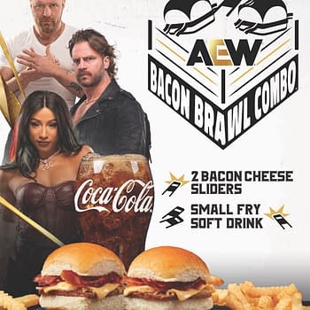A promotional graphic for the AEW Bacon Brawl Combo featuring two bacon cheese sliders, a small fry, and a soft drink alongside three wrestlers posing in the background. The AEW logo is prominently displayed, emphasizing the collaboration with White Castle.