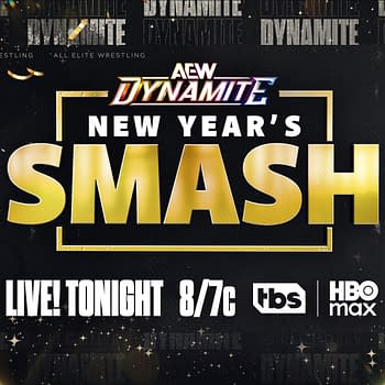 A promotional graphic for AEW Dynamite's New Year's Smash event, featuring the title 'SMASH' in bold gold letters, with the event time and broadcasting details prominently displayed. The background is decorated with confetti and a disco ball effect.