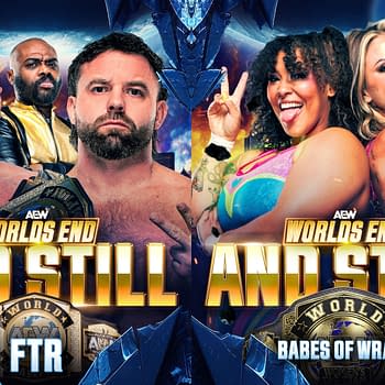 A graphic featuring two wrestling tag teams, FTR on the left with their championship belts, and Babes of Wrath on the right. The background includes a cosmic theme with a mix of colors and textures, emphasizing the wrestling event's title, AEW Worlds End.