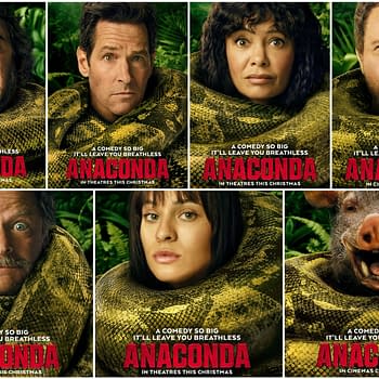 Character posters for the film 'Anaconda,' featuring various characters wrapped in vine-like snakes, showcasing exaggerated facial expressions. The tagline reads, 'A comedy so big it'll leave you breathless,' with a green jungle background.