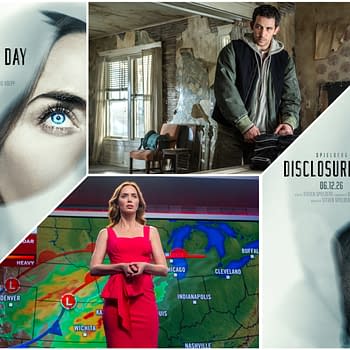 A promotional collage for the film 'Disclosure Day' featuring intriguing human expressions and landscapes. The artwork includes a close-up of a woman's eye, a man in a disheveled room, and a woman in a red dress standing in front of a weather map, conveying themes of suspense and anticipation.