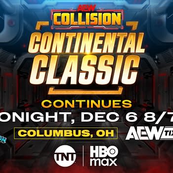 A promotional graphic for AEW Collision's Continental Classic, featuring bold text that states 'Continental Classic Continues' along with details about the event date and location. The background consists of a futuristic setting with illuminated edges.