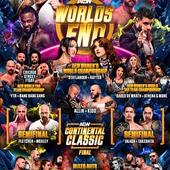 A promotional poster for AEW World's End featuring various wrestlers and matches. Key matchups include Joe vs Swerve vs Hangman vs MJF, and the AEW Women's World Championship.