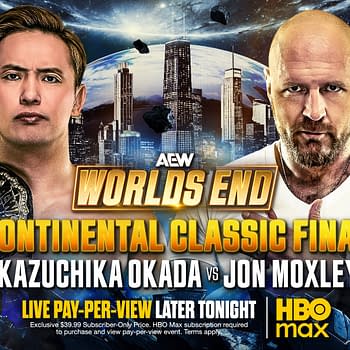 Promotional poster for AEW World's End showcasing Kazuchika Okada and Jon Moxley. The backdrop features a cosmic scene with planets and a futuristic city skyline.