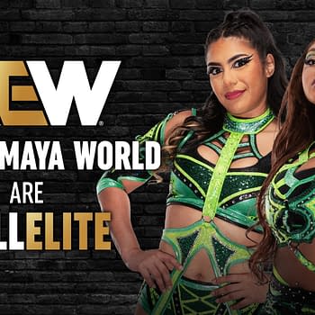 Illustration showcasing Hyan and Maya World, two female wrestlers in vibrant, green outfits adorned with sequins, confidently posing against a dark brick background with the AEW logo prominently featured.