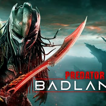 A stylized illustration featuring a fierce alien character resembling a predator, holding a large, jagged sword, set against a moody landscape with flying creatures in the background. The words 'PREDATOR' and 'BADLANDS' are prominently displayed in bold, dramatic text.