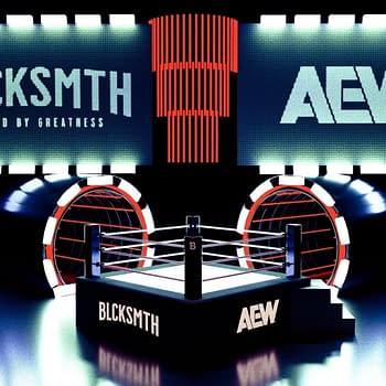 An illustration featuring a wrestling ring prominently displaying the logos for BLCKSMTH and AEW, illuminated by bright lights. The backdrop includes digital screens highlighting the brand names, creating a dynamic atmosphere.
