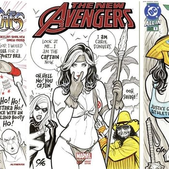 A comic-style illustration featuring three female superheroes: Cheetara from ThunderCats, Captain Marvel, and a character from JSA. Each is depicted with humorous, bold expressions and captions, showcasing their personalities. The background includes various comic elements and dialogues enhancing the playful tone.