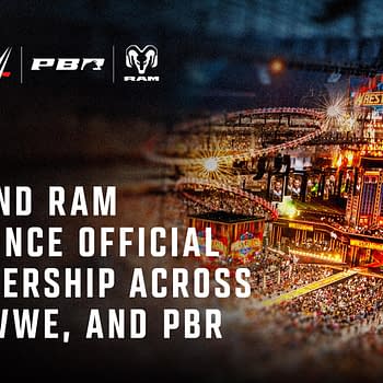 A vibrant scene from a wrestling event featuring a large stage adorned with 'WRESTLEMANIA' signage, fireworks, and an enthusiastic crowd in the arena. Partner logos for UFC, WWE, PBR, and RAM are displayed prominently.