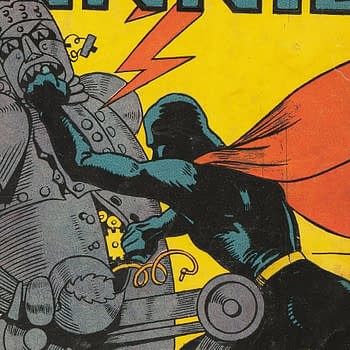 A vintage comic cover illustration featuring a superhero in a black costume and red cape battling a large gray robot. The background is bright yellow with lightning bolts, creating a dynamic and action-packed scene.