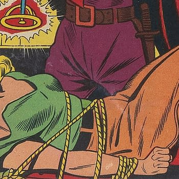 An illustration from 'America's Best Comics 18' depicts a blonde woman with a shocked expression, bound with ropes, while a man in a purple outfit stands beside her. The background includes colorful, dynamic elements suggestive of a dramatic scene.