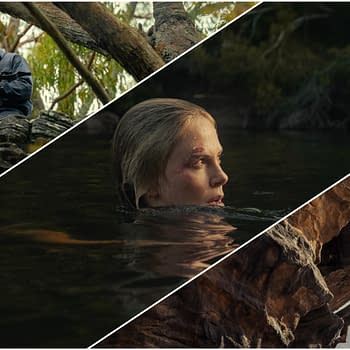 A collage featuring three intense scenes: a man with a firearm perched on a rocky ledge, a woman with a bruise partially submerged in water, and another woman climbing a steep rock face, highlighting themes of survival and tension in 'Apex'.