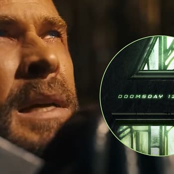Chris Hemsworth in Avengers: Doomsday, showing intense emotion, is featured prominently in the foreground. A green logo with the text 'DOOMSDAY 12.18.26' is inset in the corner, hinting at an upcoming movie release.