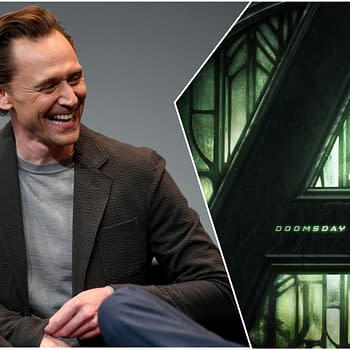 Tom Hiddleston smiles while seated, alongside a dark green promotional graphic featuring the word 'Doomsday' and a large number '4,' hinting at an upcoming Avengers film release on December 18, 2026.