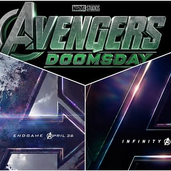 A graphic featuring the logo "Avengers: Doomsday" at the top, with two lower sections showing dark, smoky backgrounds and stylized "A" logos. One section is labeled "ENDGAME APRIL 26" and the other "INFINITY APRIL 27." The design reflects a dramatic and cinematic theme.