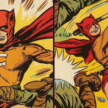 This cartoon illustration features the superhero Cat-Man, characterized by his red mask and cape, engaging in action-packed combat against a foe, with dynamic lines depicting movement and intensity. The vibrant colors add to the excitement of the scene.