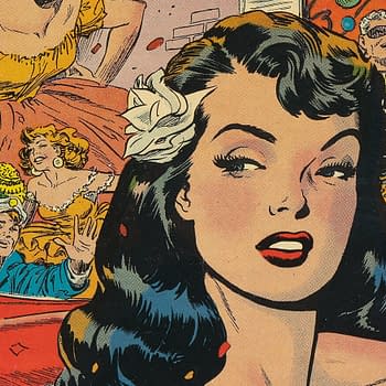 This vintage comic illustration features a glamorous woman with dark hair and a flower accessory, surrounded by colorful scenes of celebration, including joyful characters in period costumes.