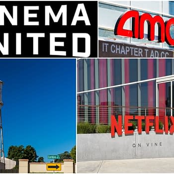 A collage featuring the logo for Cinema United, a Warner Bros. water tower, the AMC IMAX sign, and the Netflix headquarters sign, highlighting notable entities in the film industry.