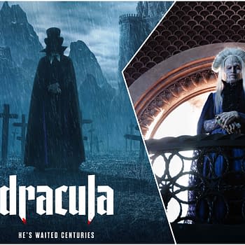 A split-screen illustration featuring Dracula in a dark, stormy graveyard with crosses, and an eerie character in a blue gown standing in an ornate architectural setting. The title 'Dracula' and the tagline 'He's waited centuries' are prominently displayed.