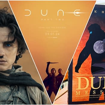 Collage featuring Paul Atreides from Dune, showcasing a cinematic and dramatic look with his intense blue eyes and desert clothing, alongside imagery from Dune Part Two and a cover of Dune Messiah, emphasizing the franchise's sci-fi themes.