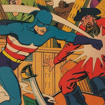 A colorful comic book illustration featuring the American Eagle, a superhero in a blue costume with a red and white striped chest, engaged in a dynamic fight against a villain in a red outfit. The background includes urban elements and onlookers, creating a sense of action and excitement.