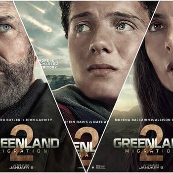 Promotional poster for 'Greenland 2: Migration' featuring three characters: a rugged man with a beard, a young man with curly hair, and a woman with long hair, all displaying intense expressions. The background includes a dramatic sky with falling celestial objects, emphasizing themes of survival and hope.