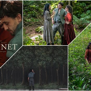 A promotional collage for 'Hamnet,' directed by Chloé Zhao, featuring actors in a forest setting and a character with a bird of prey. The central image includes the title 'HAMNET' with a tagline urging viewers to 'Keep your heart open.'