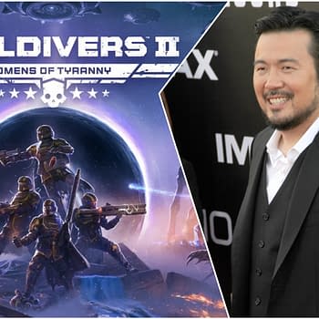 A split image showcasing the video game 'Helldivers II: Omens of Tyranny' with four armored soldiers aiming their weapons in a cosmic setting, alongside a portrait of filmmaker Justin Lin smiling at a red carpet event.