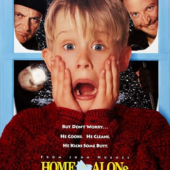 The poster for the movie 'Home Alone,' featuring a young boy with blonde hair and blue eyes, looking shocked while holding his face in surprise. Two figures, appearing menacing, are visible in the background through a window, with a snowy scene outside.
