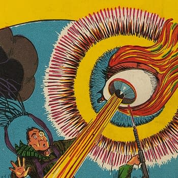 A colorful cartoon illustration featuring a large eye emitting beams of light, surrounded by vibrant flames and colorful circular patterns. In the foreground, two startled characters react to the spectacle, one pointing and the other looking surprised.