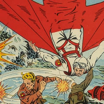 A dynamic comic book illustration showing a superhero in a red cape diving into action over a chaotic scene at sea, with explosions and characters in combat below.